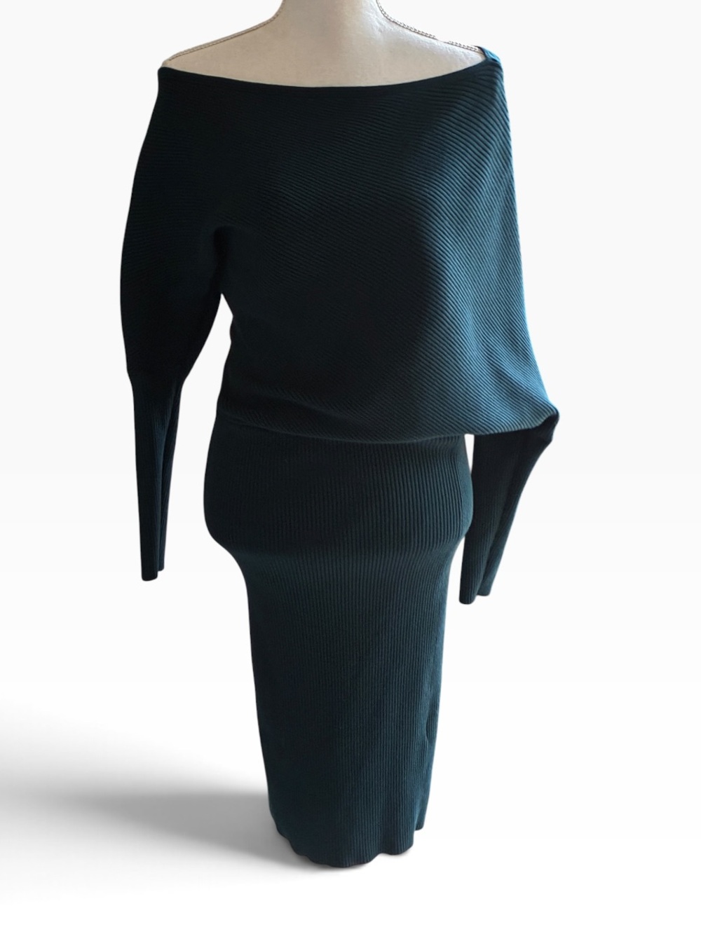Reiss Lara Teal Ribbed Off Shoulder Batwing Knit Dress Size - Picture 4 of 14